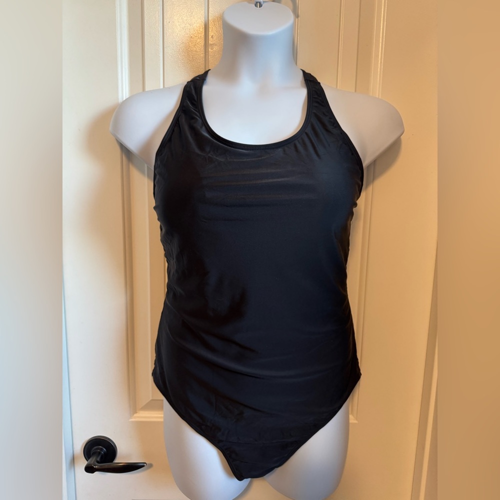 NWOT Black One Piece Swimsuit Wide Crisscross Straps Shelf Bra w/Inserts, XL